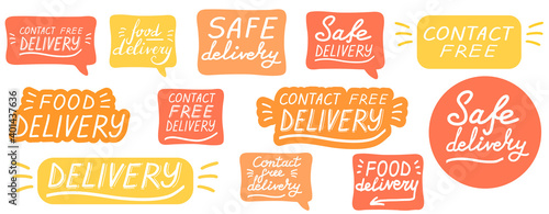 Contact free delivery. Big lettering calligraphy set. Safe delivery. Vector eps brush trendy orange sticker with text isolated on white background for banners, templates, postcards.