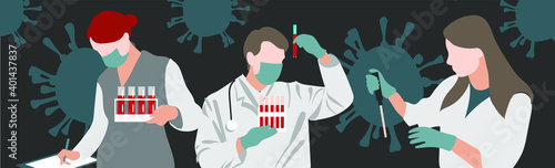 vector set of scientists in masks and gloves with flask of blood