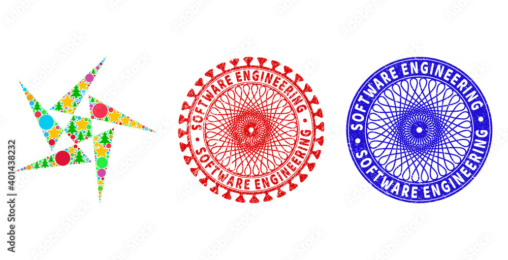 Abstraction collage of New Year symbols, such as stars, fir trees, color round items, and SOFTWARE ENGINEERING scratched watermarks. Vector SOFTWARE ENGINEERING imprints uses guilloche pattern, Abstraction collage of New Year symbols, such as stars, fir trees, color round items, and SOFTWARE ENGINEERING scratched watermarks. Vector SOFTWARE ENGINEERING imprints uses guilloche pattern,
