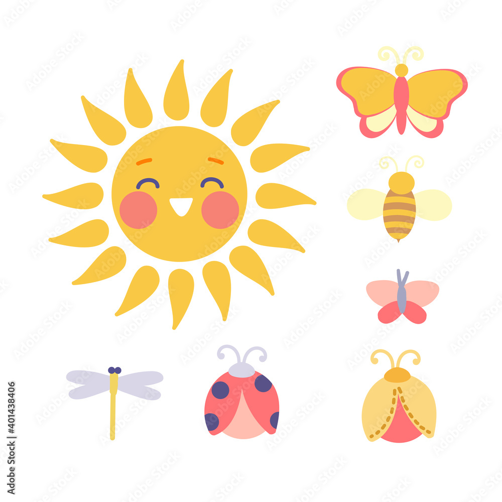 
sun and bugs  on the white background