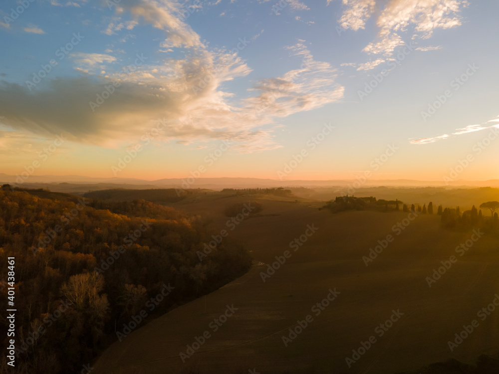 Aerial view of a sunset in Tuscany