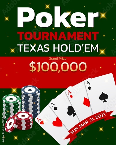 Poker tournament texas holdem banner. Four aces with casino chips. Vector illustration