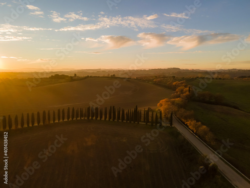Sunset in the countryside. Aerial view.