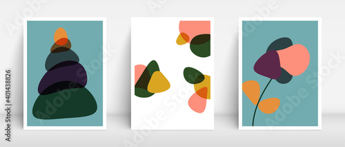 Mid century colors boho style backgrounds for home decor . Organic fluid drops. Balanced stones. Flowers and abstract blobs pattern. cover, brochure, leaflet, annual report, wall decoration design. 