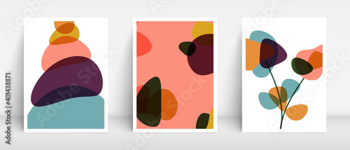 Mid century colors boho style backgrounds for home decor . Organic fluid drops. Balanced stones. Flowers and abstract blobs pattern. cover, brochure, leaflet, annual report, wall decoration design. 
