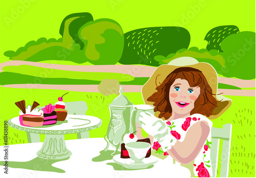 A girl at a table in a sunny glade drinks tea from a mug