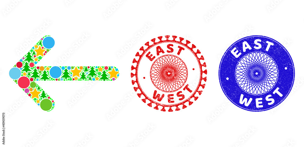 Arrow left composition of New Year symbols, such as stars, fir-trees, multicolored balls, and EAST WEST rough stamps. Vector EAST WEST stamps uses guilloche pattern, designed in red and blue colors. Arrow left composition of New Year symbols, such as stars, fir-trees, multicolored balls, and EAST WEST rough stamps. Vector EAST WEST stamps uses guilloche pattern, designed in red and blue colors.