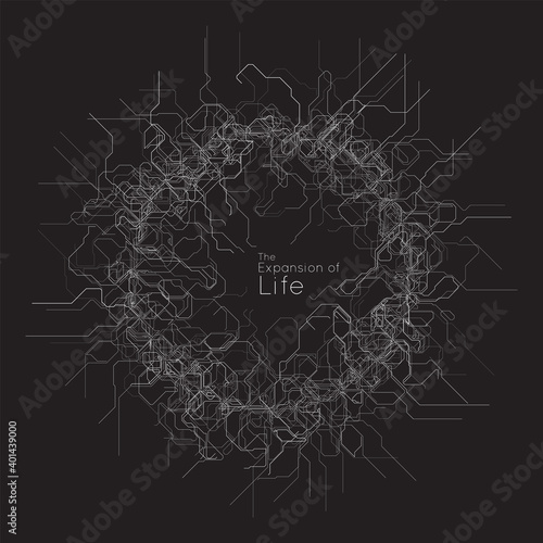 Expansion of Cyber life. Vector AI neuron network. Small particles defined motion. Organic geometric growth of tentacles. Space colonization. Burst, explosion backdrop.