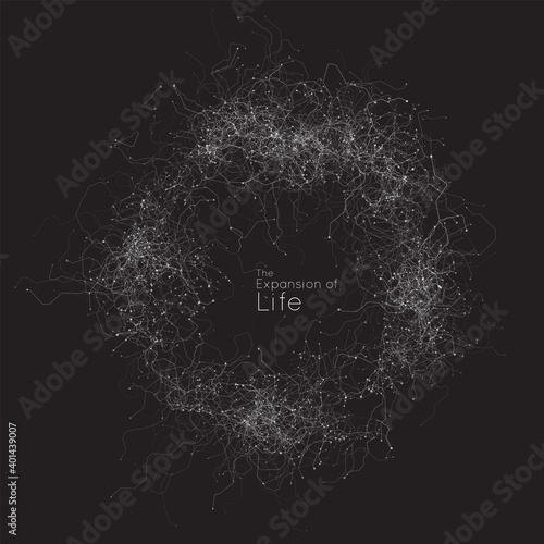 Expansion of Cyber life. Vector AI neuron network. Small particles defined motion. Organic geometric growth of tentacles. Space colonization. Burst, explosion backdrop.