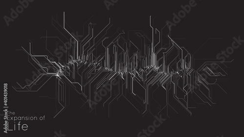 Expansion of Cyber life. Vector AI neuron network. Small particles defined motion. Organic geometric growth of tentacles. Space colonization. Burst, explosion backdrop.