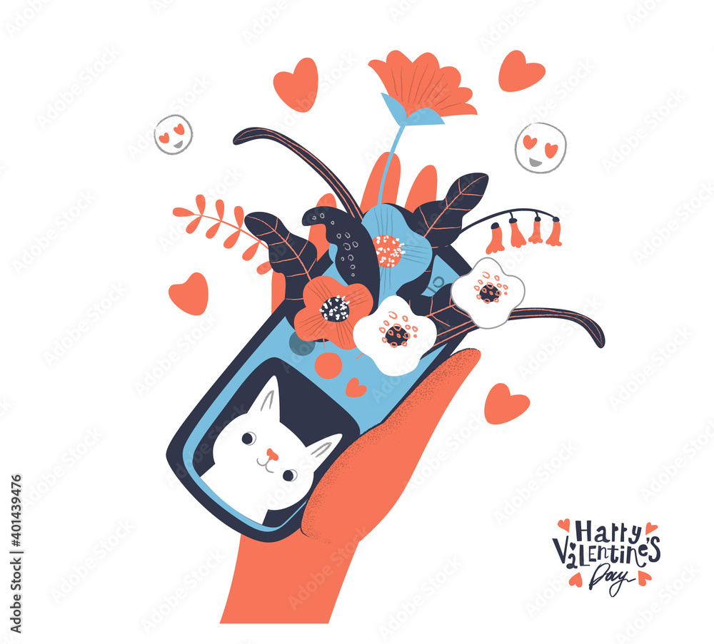 Woman hand holding smartphone with congrats messages, cute cat and flowers. Woman hand holding smartphone with congrats messages, cute cat and flowers.