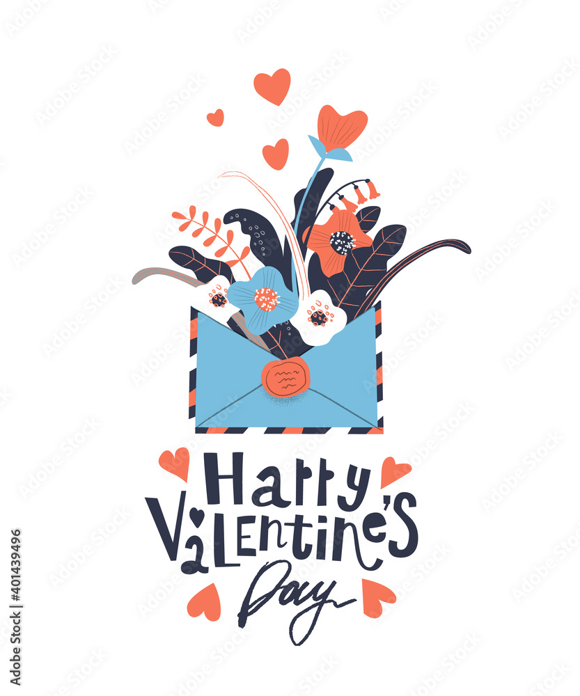 Open love letter with flowers inside over envelope vector illustration. Happy valentine's day' hand lettering