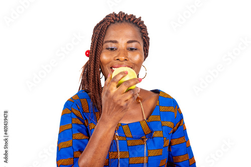 adult business woman eating fresh apple