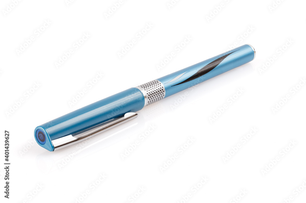 Side view of a blue ballpoint pen, isolated on a white background. Close-up. Full depth of field. Side view of a blue ballpoint pen, isolated on a white background. Close-up. Full depth of field.