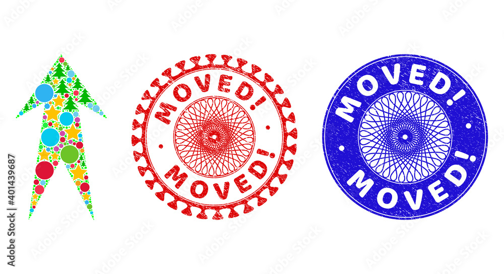 Arrow up mosaic of Christmas symbols, such as stars, fir-trees, colored circles, and MOVED! grunge seals. Vector MOVED! seals uses guilloche pattern, designed in red and blue variations. Stars, Arrow up mosaic of Christmas symbols, such as stars, fir-trees, colored circles, and MOVED! grunge seals. Vector MOVED! seals uses guilloche pattern, designed in red and blue variations. Stars,