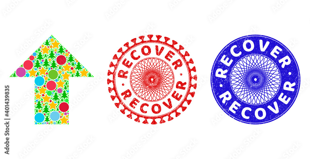 Arrow up mosaic of Christmas symbols, such as stars, fir trees, colored balls, and RECOVER textured stamp seals. Vector RECOVER stamp seals uses guilloche ornament, designed in red and blue colors. Arrow up mosaic of Christmas symbols, such as stars, fir trees, colored balls, and RECOVER textured stamp seals. Vector RECOVER stamp seals uses guilloche ornament, designed in red and blue colors.