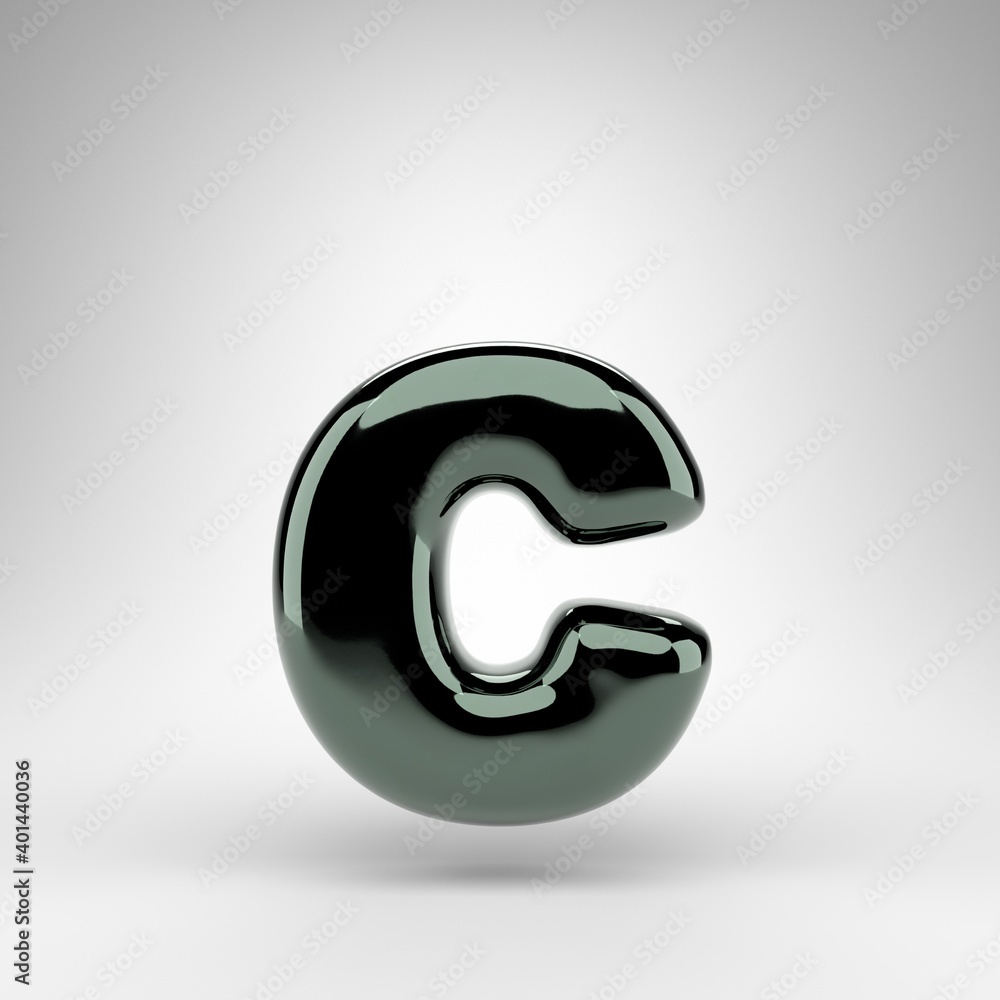 Fototapeta premium Letter C lowercase on white background. Green chrome 3D letter with glossy surface.