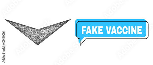 Chat Fake Vaccine blue bubble message and wire frame arrowhead down. Frame and colored area are misplaced to Fake Vaccine label, which is located inside blue colored cloud.