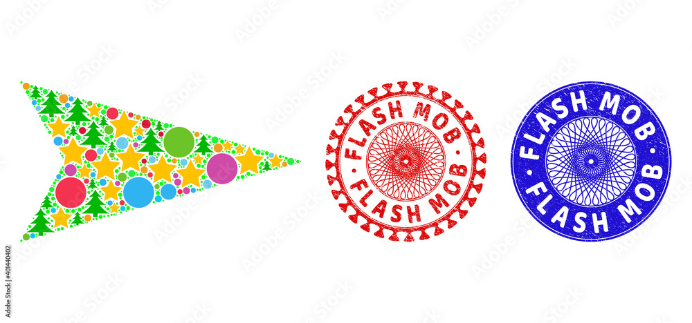 Arrowhead right mosaic of Christmas symbols, such as stars, fir-trees, colored circles, and FLASH MOB rough stamp seals. Vector FLASH MOB stamp seals uses guilloche ornament, Arrowhead right mosaic of Christmas symbols, such as stars, fir-trees, colored circles, and FLASH MOB rough stamp seals. Vector FLASH MOB stamp seals uses guilloche ornament,
