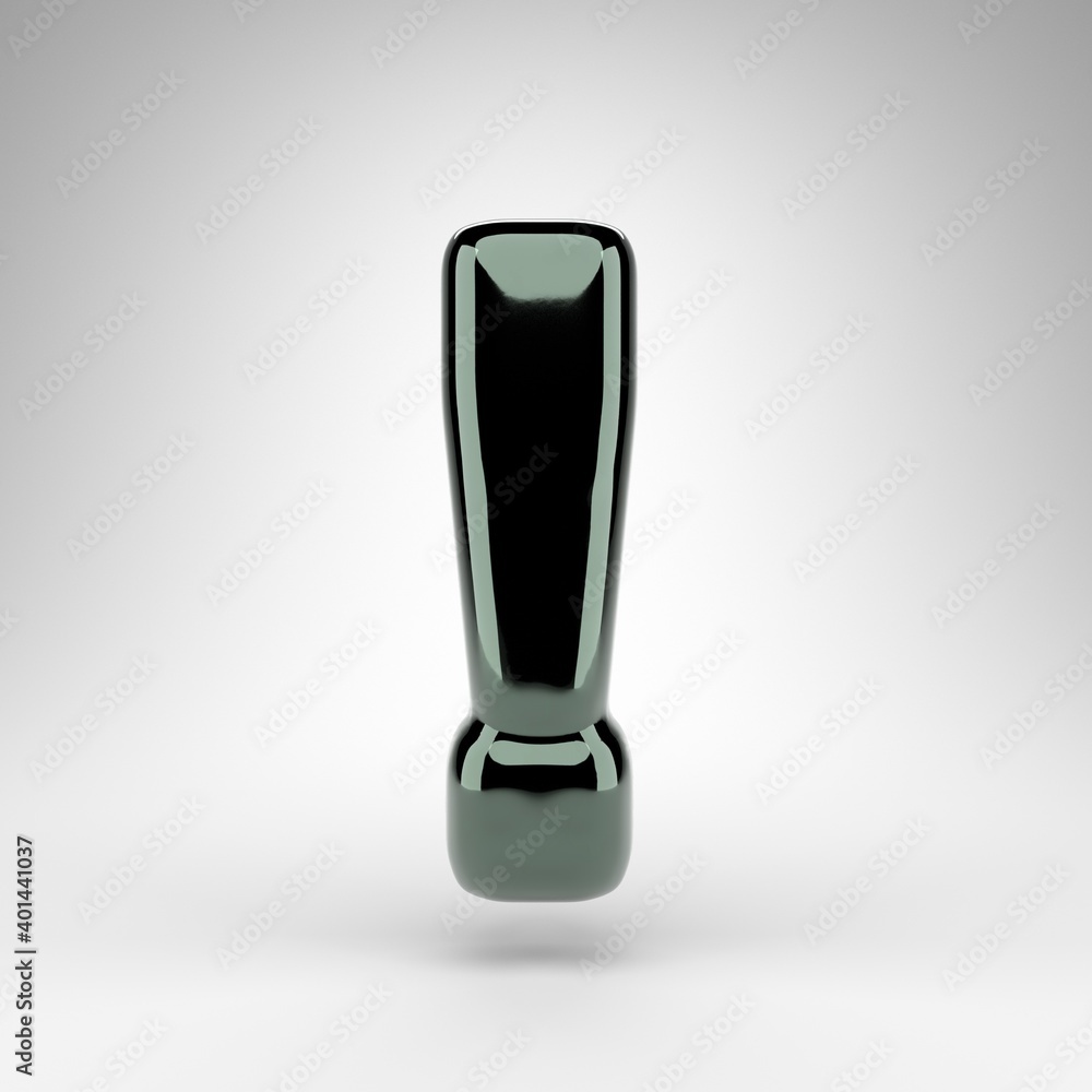 Exclamation point symbol on white background. Green chrome 3D sign with glossy surface. Exclamation point symbol on white background. Green chrome 3D sign with glossy surface.