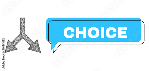 Chat Choice blue cloud message and wire frame bifurcation arrow down. Frame and colored area are shifted for Choice phrase, which is located inside blue speech balloon.