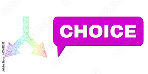 Choice and bifurcation arrow down vector. Rainbow colored net bifurcation arrow down, and speech Choice bubble message. Conversation colored Choice bubble has shadow.