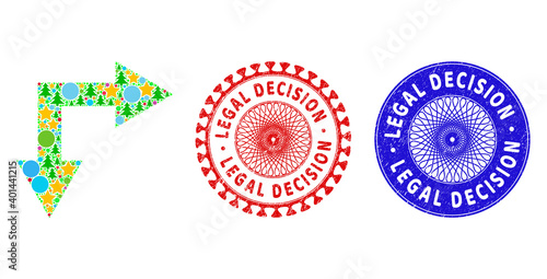 Bifurcation arrow right down composition of Christmas symbols, such as stars, fir-trees, multicolored spheres, and LEGAL DECISION textured watermarks.