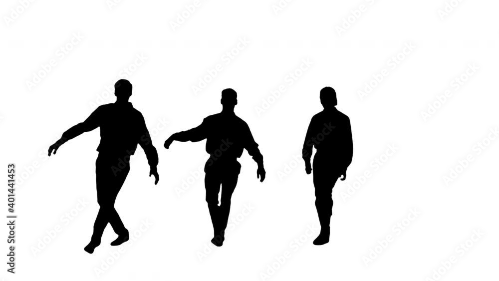 Silhouette Three guys in white shirts dancing in synch looking at camera.