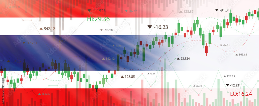 Creative (Thailand) flag banner with stock exchange market ,Graph chart of stock market investment world trading, 3D illustration.
