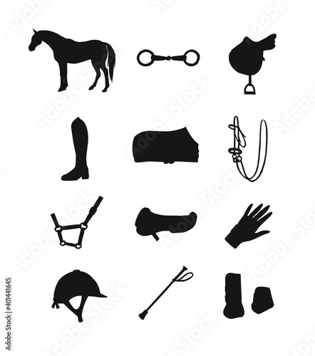 Vector set bundle of hand drawn horse riding equestrian equipment silhouette icon isolated on white background