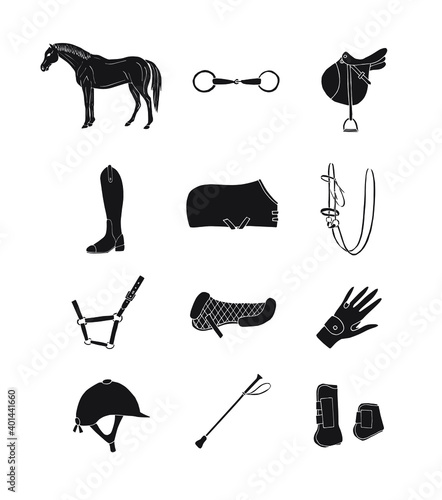Vector set bundle of black hand drawn doodle sketch horse riding equestrian equipment icon isolated on white background