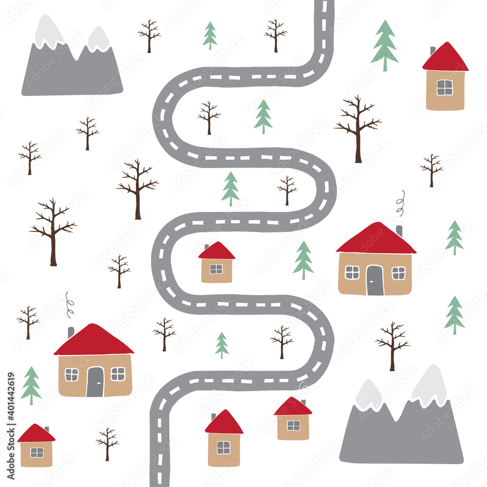 Fototapeta premium Vector pattern of hand drawn doodle flat country landscape isolated on white background