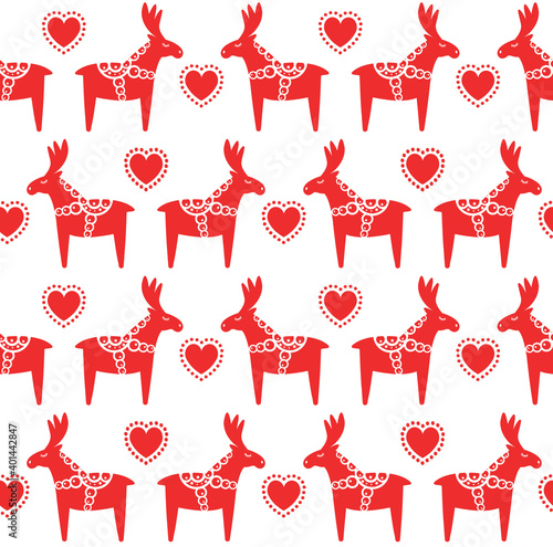 Vector seamless pattern of red flat colored Scandinavian Dala deer moose isolated on white background photo