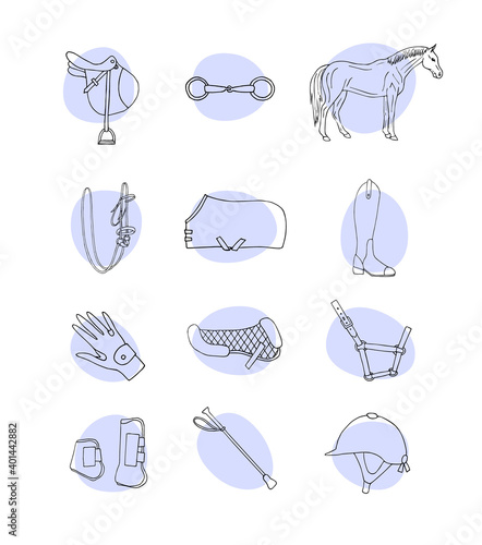 Vector set bundle of hand drawn doodle sketch horse riding equestrian equipment icon isolated on white background