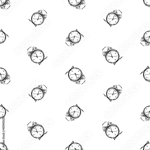 SSeamless background of sketches of obsolete alarm clocks