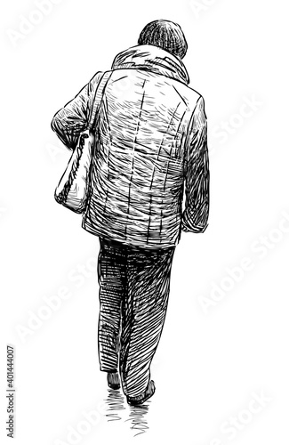 Sketch of city pedestrian with bag walking along street