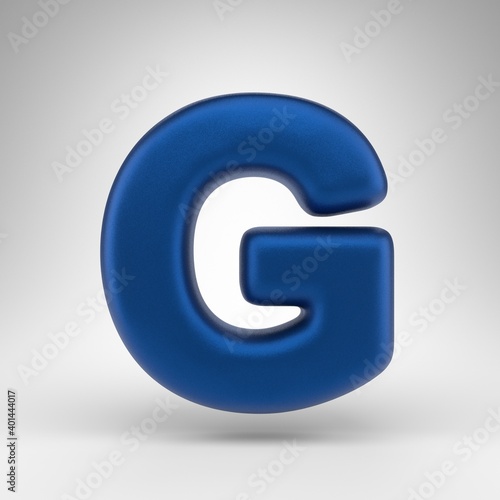 Letter G uppercase on white background. Anodized blue 3D letter with matte texture.