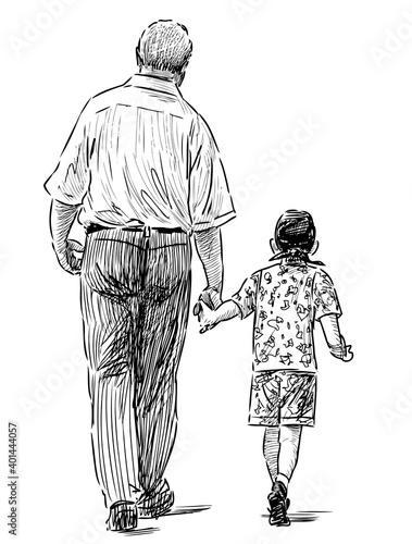 Sketch of elderly man with his grandson walking outdoors