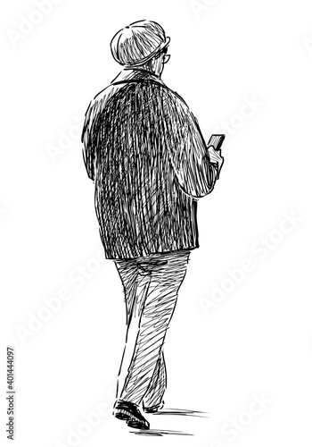 Sketch of elderly woman walking outdoor and looking at smartphone