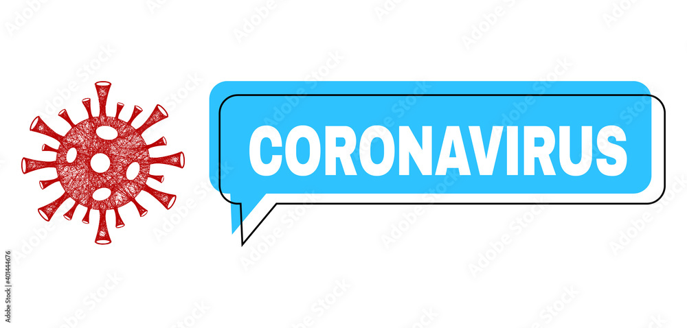 Chat Coronavirus blue bubble frame and crossing mesh coronavirus. Frame and colored area are misplaced to Coronavirus text, which is located inside blue bubble. Vector quote text inside chat contour. Chat Coronavirus blue bubble frame and crossing mesh coronavirus. Frame and colored area are misplaced to Coronavirus text, which is located inside blue bubble. Vector quote text inside chat contour.