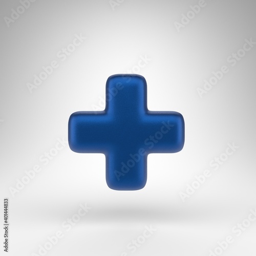 Plus symbol on white background. Anodized blue 3D sign with matte texture.
