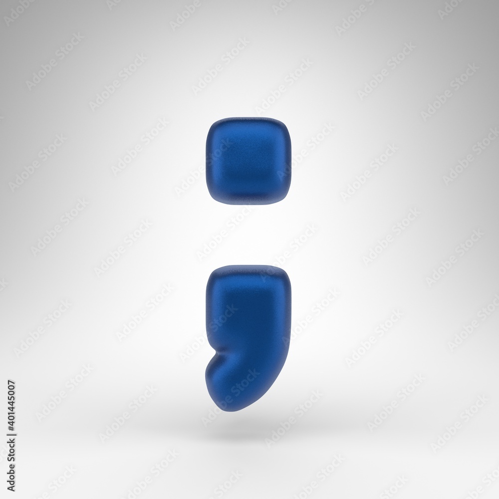 Semicolon symbol on white background. Anodized blue 3D sign with matte texture. Semicolon symbol on white background. Anodized blue 3D sign with matte texture.