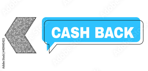 Chat Cash Back blue cloud frame and wire frame direction left. Frame and colored area are misplaced for Cash Back text, which is located inside blue banner. Vector quote text inside talking frame.
