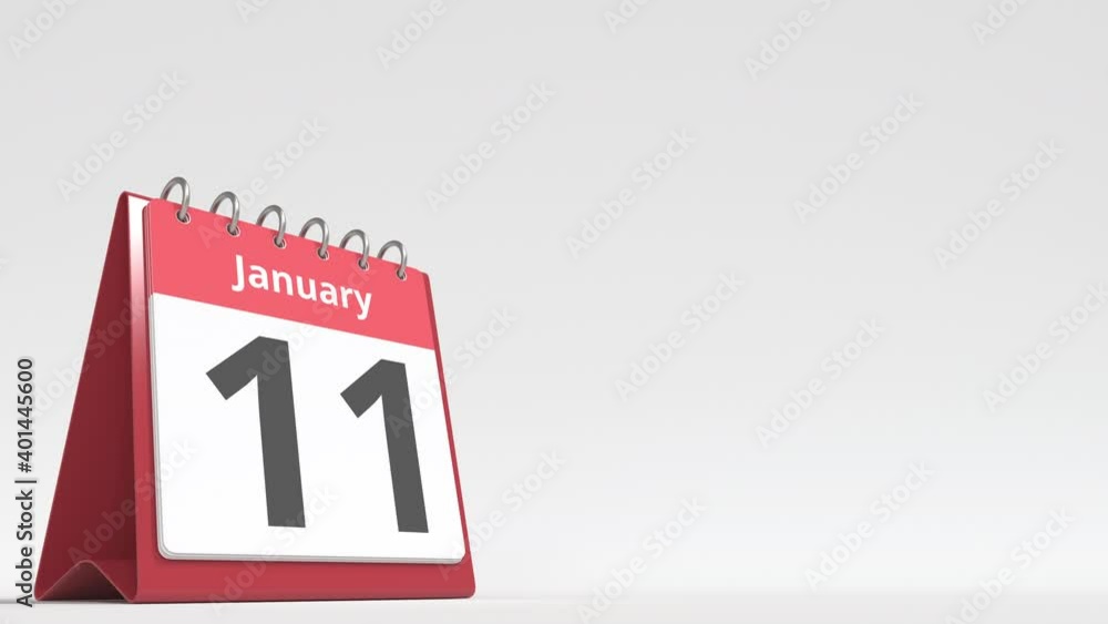 January 11 date on the flip desk calendar page, blank space for user text, 3d animation January 11 date on the flip desk calendar page, blank space for user text, 3d animation