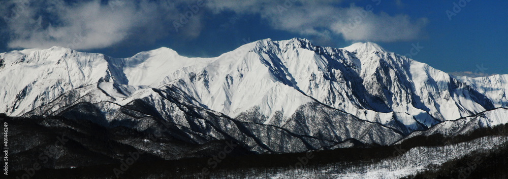 厳冬期の谷川岳連峰　川場スキー場からの絶景