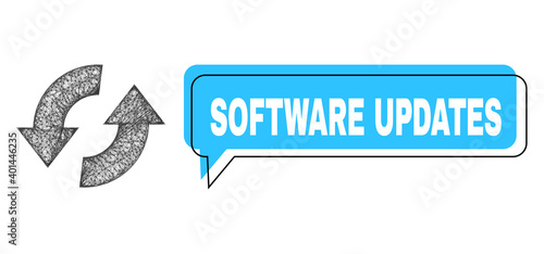 Chat Software Updates blue cloud message and wire frame exchange arrows. Frame and colored area are misplaced to Software Updates caption, which is located inside blue cloud.