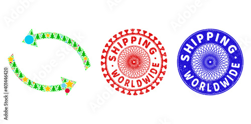 Exchange arrows mosaic of New Year symbols, such as stars, fir trees, color balls, and SHIPPING WORLDWIDE dirty watermarks. Vector SHIPPING WORLDWIDE seals uses guilloche ornament,