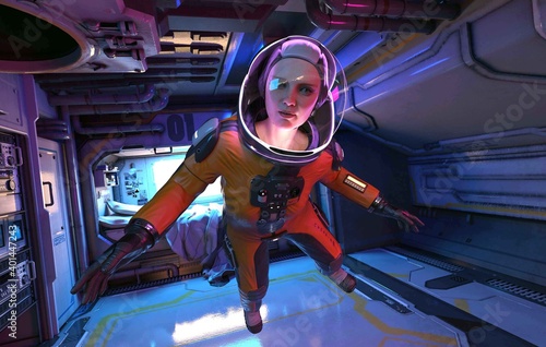 Tableau sur toile Female astronaut in space ship room with space suit.