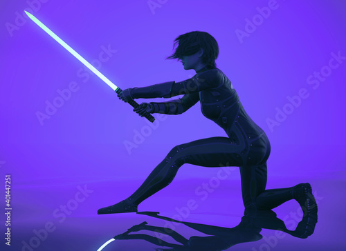 sci fi warrior female character pose fighting with light sword.