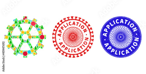 Gear composition of Christmas symbols, such as stars, fir trees, bright round items, and APPLICATION textured stamps. Vector APPLICATION stamp seals uses guilloche ornament,